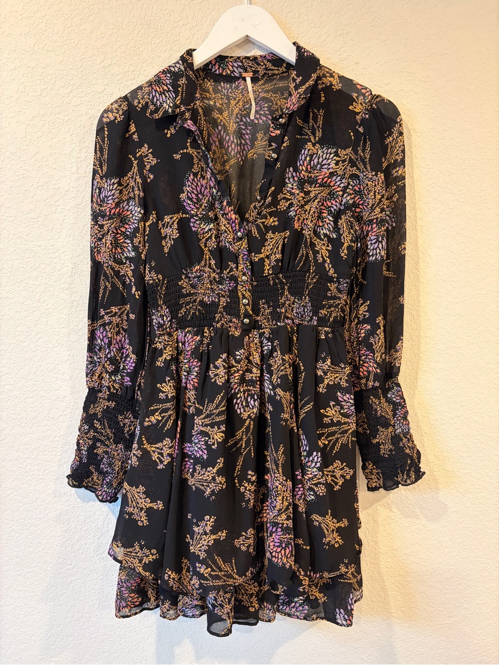 Free People Fake Pretend Black Print Long Sleeve Mini Dress - XS - Picture 2 of 9